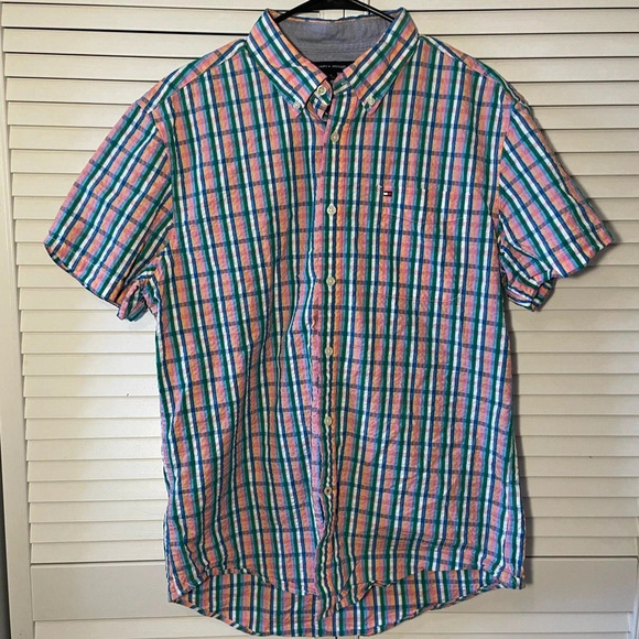 Tommy Hilfiger Short Sleeve Button Down Seersucker Colorful Shirt Size Large EUC - Picture 1 of 13